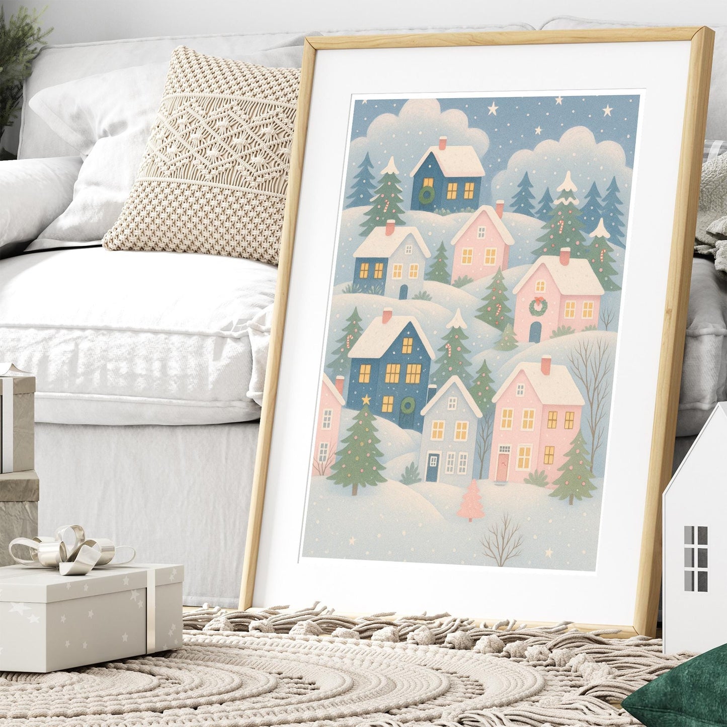 Christmas Village Print 02: Pastel Cosy Xmas Houses Wall Art  Christmas Illustration Poster  Seasonal Home Decor