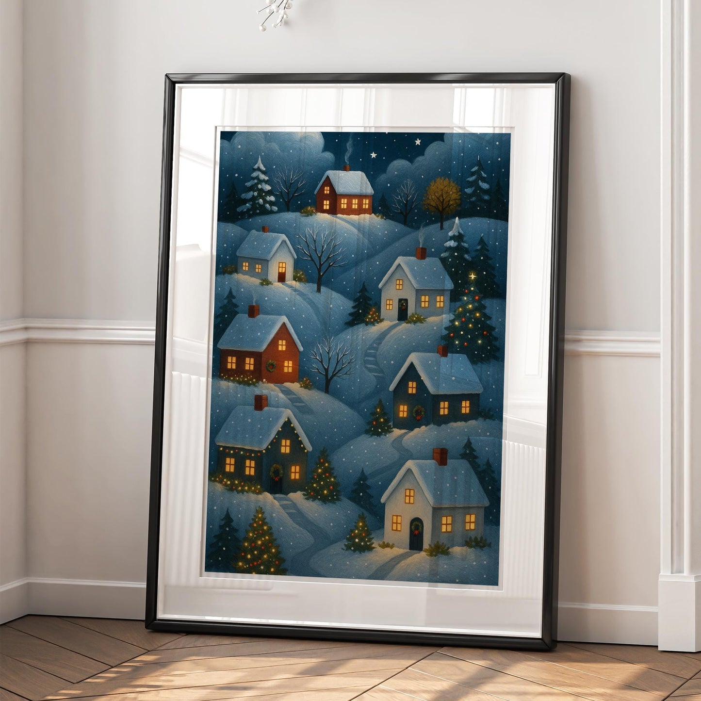 Christmas Village Wall Art 03: Night Scene Print  Cosy Winter Houses Artwork  Christmas Illustration Poster  Seasonal Home Decor
