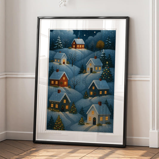 Christmas Village Wall Art 03: Night Scene Print  Cosy Winter Houses Artwork  Christmas Illustration Poster  Seasonal Home Decor
