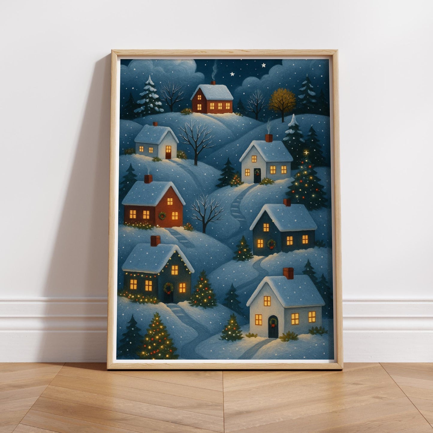 Christmas Village Wall Art 03: Night Scene Print  Cosy Winter Houses Artwork  Christmas Illustration Poster  Seasonal Home Decor