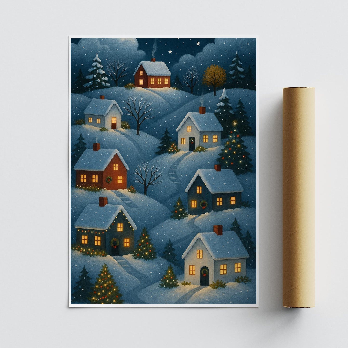 Christmas Village Wall Art 03: Night Scene Print  Cosy Winter Houses Artwork  Christmas Illustration Poster  Seasonal Home Decor