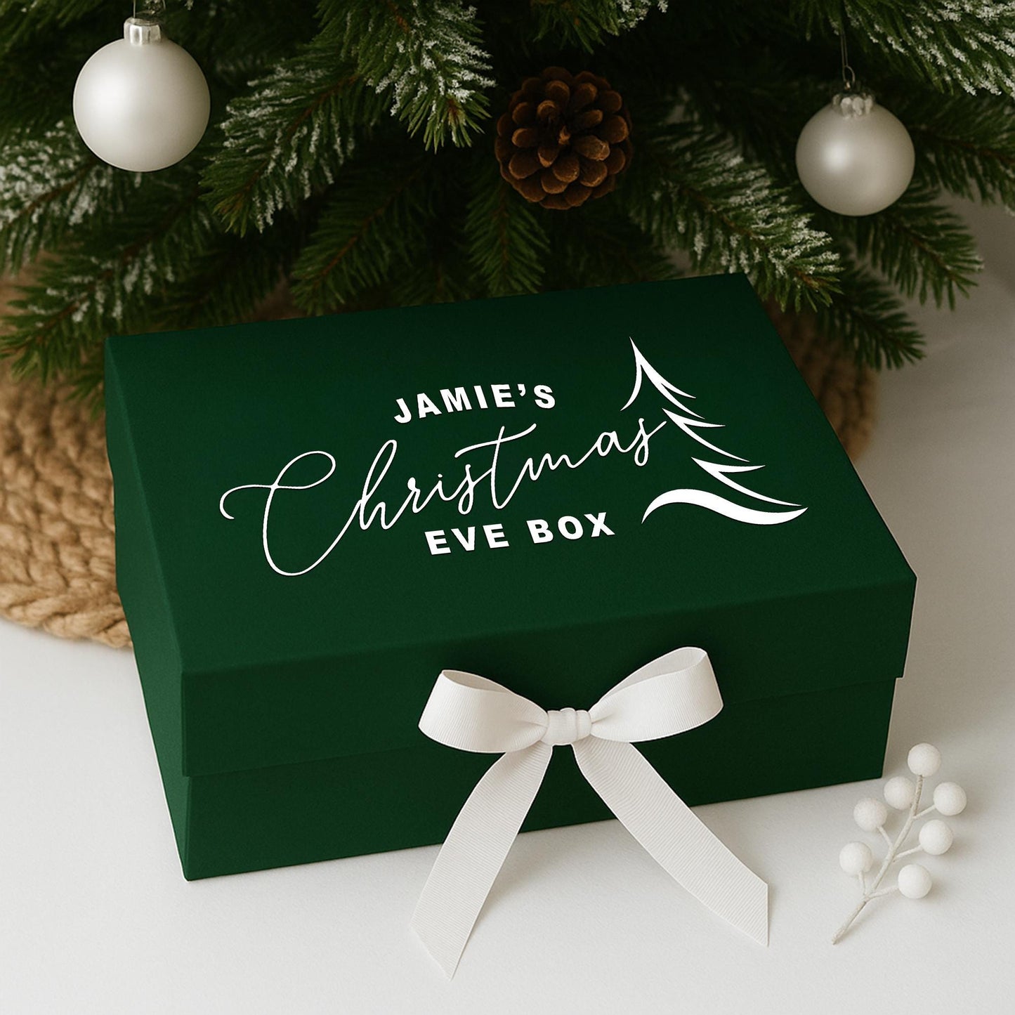 Personalised Christmas Eve Box Vinyl Sticker  Minimal Sleek Tree Design: Custom Name Vinyl Decal | Christmas Tradition Keepsake Box Label