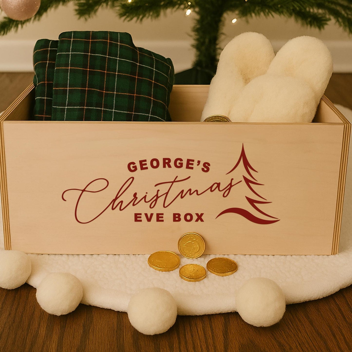 Personalised Christmas Eve Box Vinyl Sticker  Minimal Sleek Tree Design: Custom Name Vinyl Decal | Christmas Tradition Keepsake Box Label