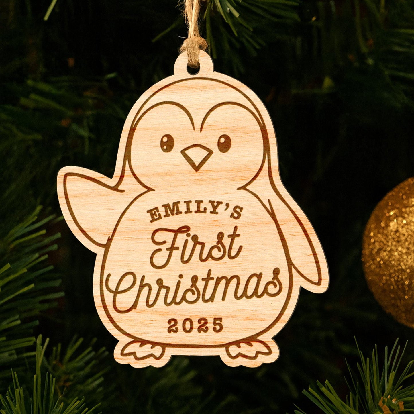 Personalised Babys First Christmas Wooden Bauble  Penguin: Custom Name & Year Ornament Keepsake | New Baby Gift | 1st Xmas Decoration