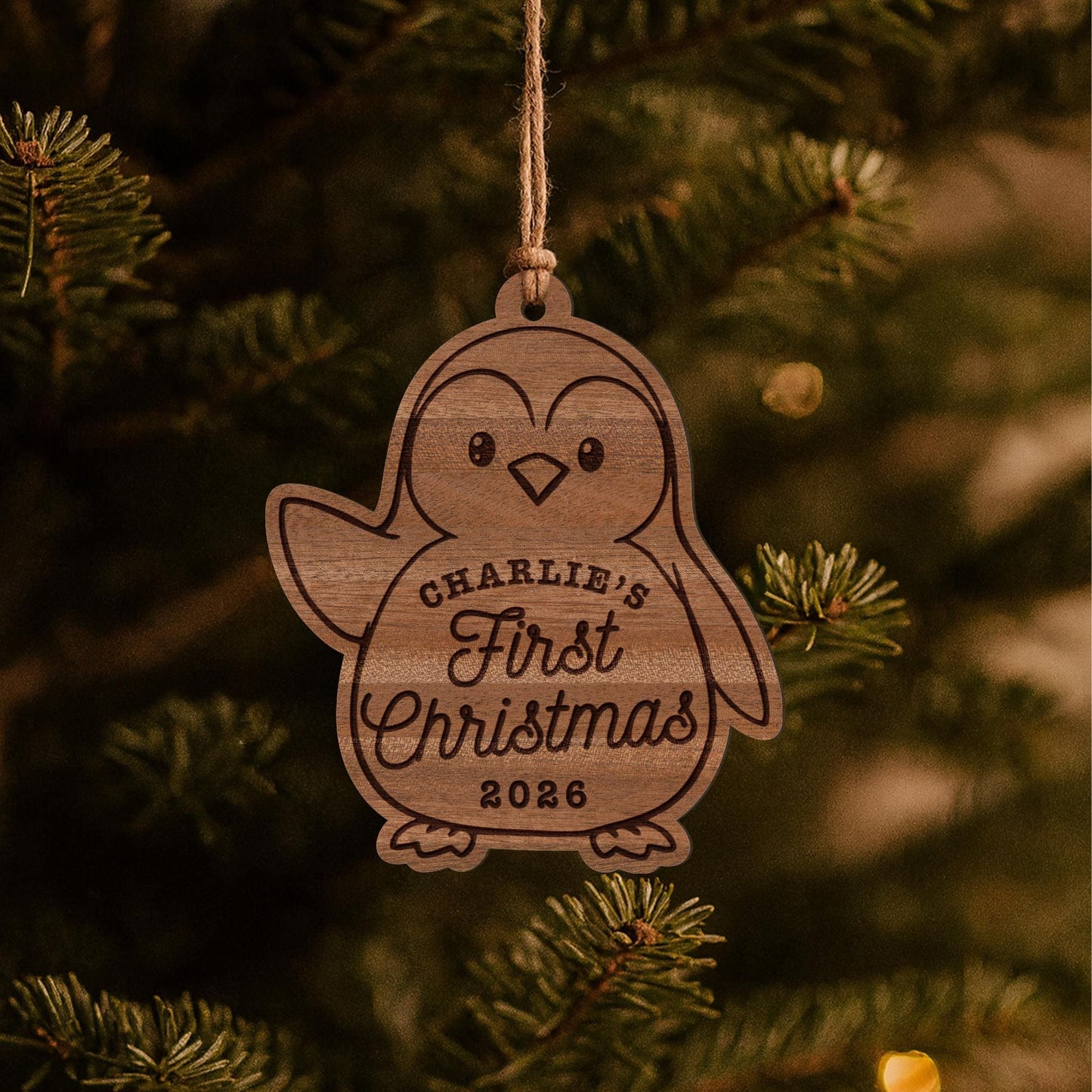Personalised Babys First Christmas Wooden Bauble  Penguin: Custom Name & Year Ornament Keepsake | New Baby Gift | 1st Xmas Decoration