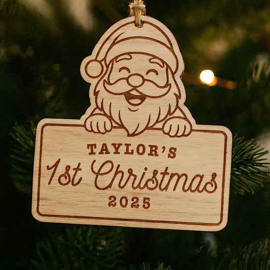 Personalised Wooden Christmas Bauble  Santa: Custom Babys First Christmas Ornament | Engraved Name & Year Keepsake | Babys Name 1st Xmas