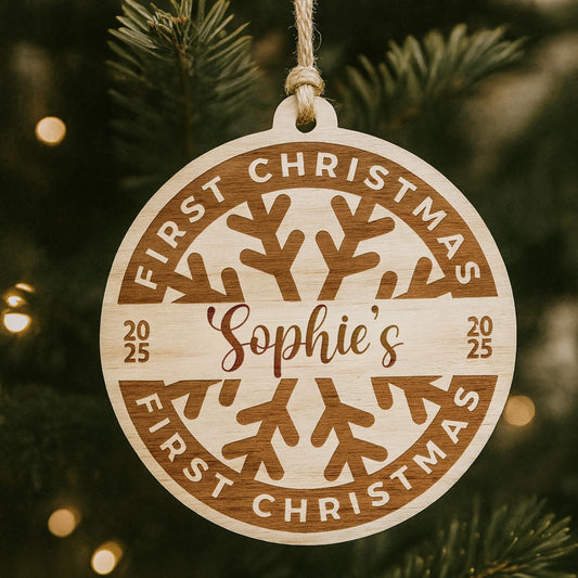 Personalised Babys First Christmas Wooden Bauble  Snowflake: Engraved Name & Year Ornament | Custom Babys 1st Xmas Decoration Gift