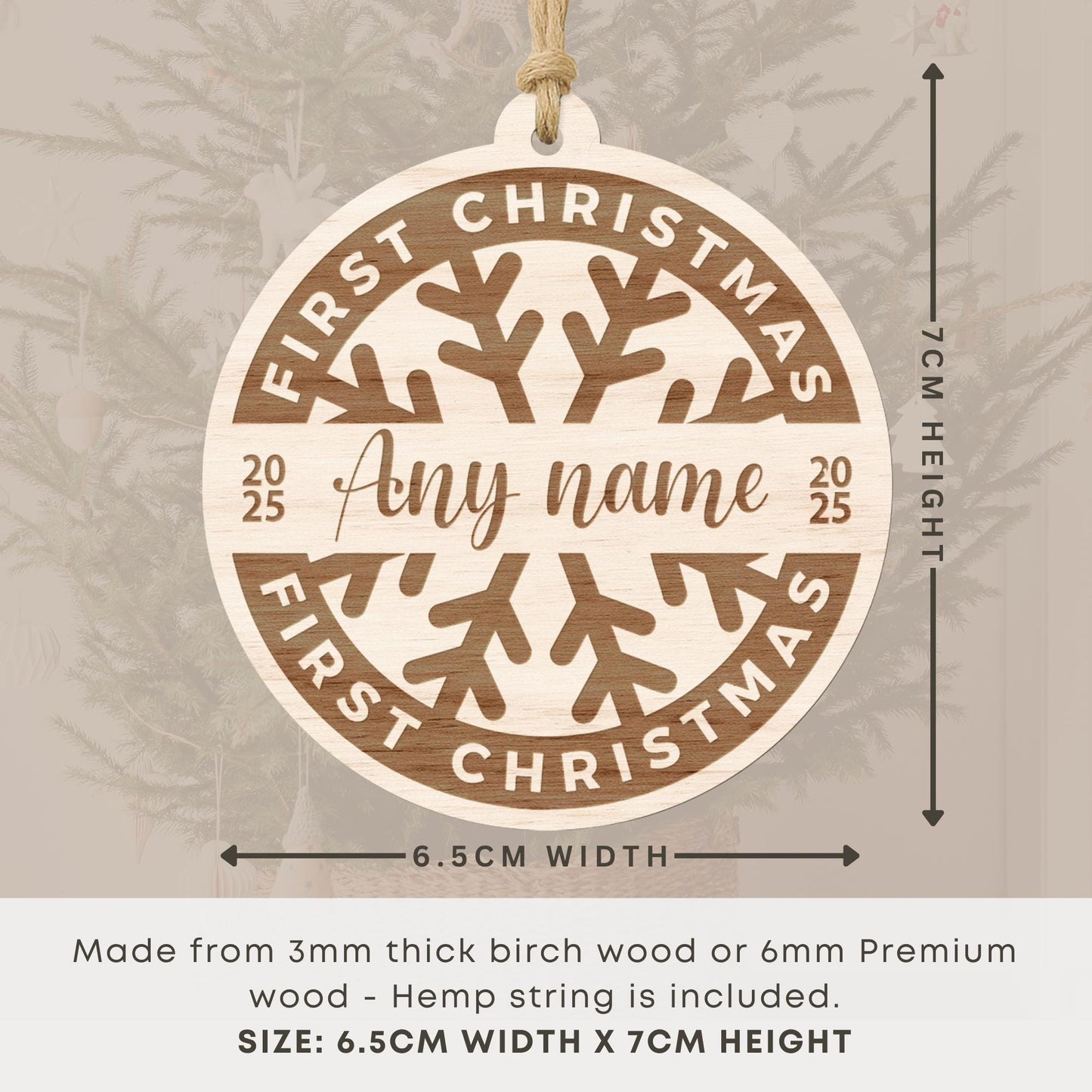 Personalised Babys First Christmas Wooden Bauble  Snowflake: Engraved Name & Year Ornament | Custom Babys 1st Xmas Decoration Gift