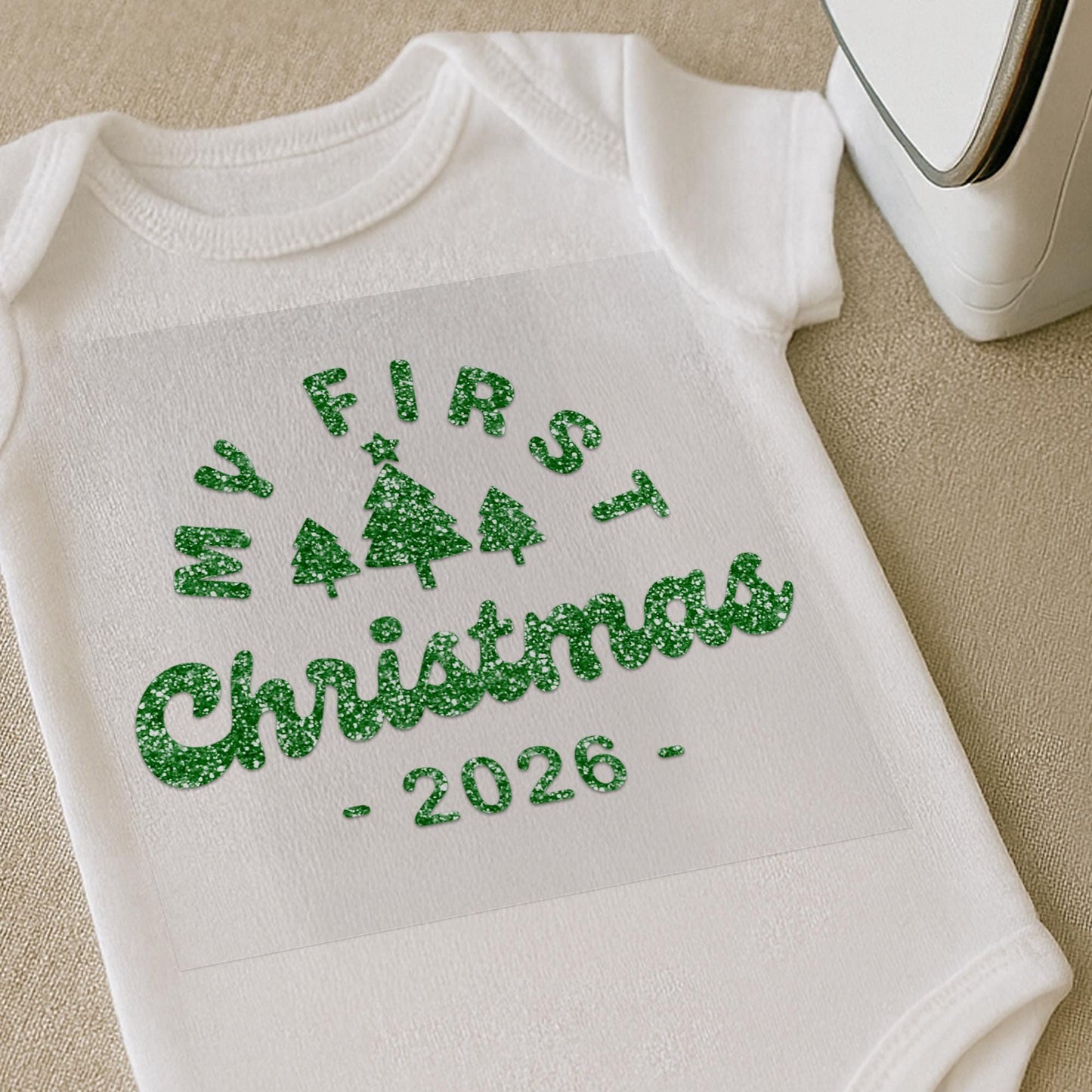 Personalised My First Christmas Iron On Transfer   3 Trees: Baby Bodysuit Vinyl Decal | Custom Year Iron On for Baby Grow, Bib or Sleepsuit