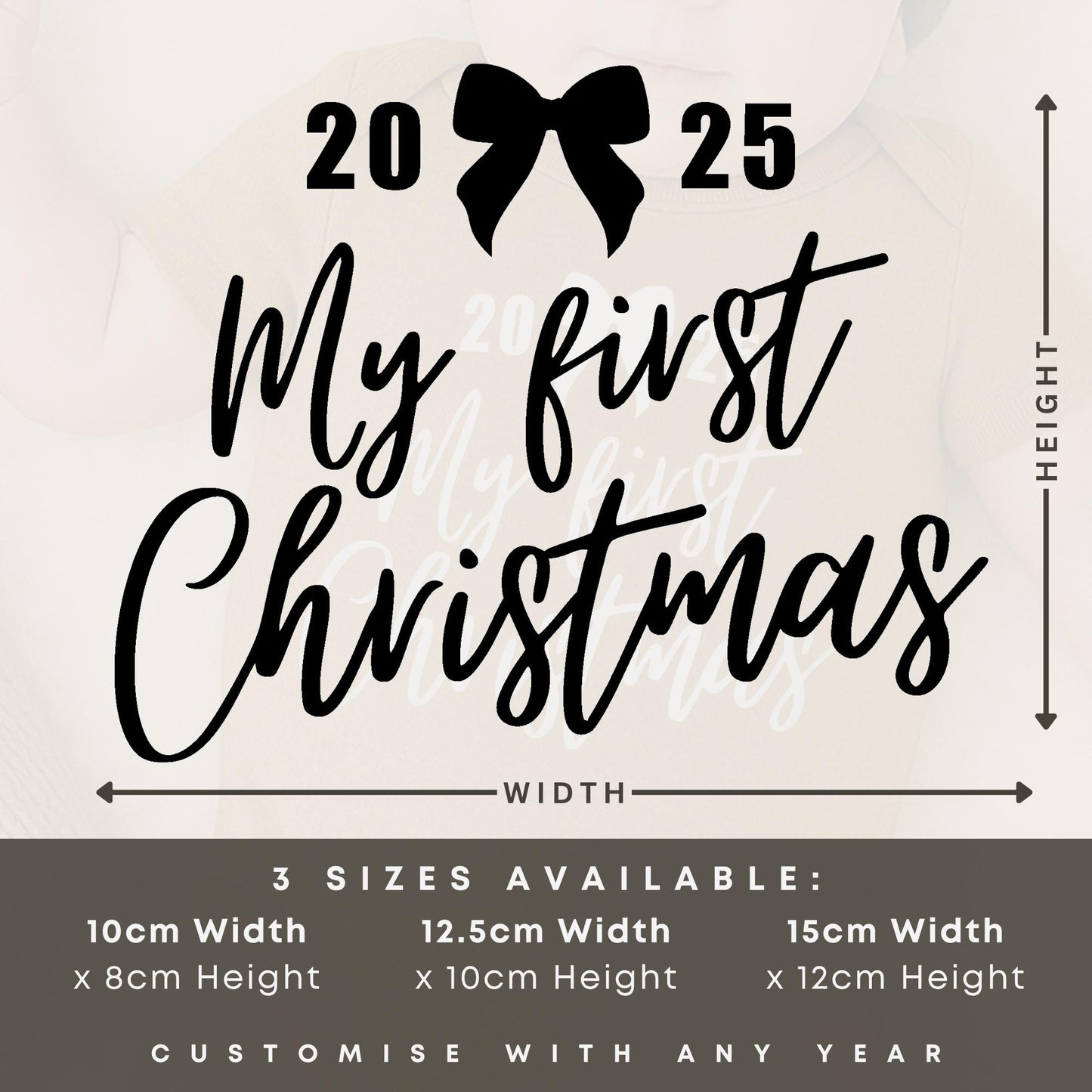 Custom My First Christmas Iron On Transfer  Elegant Script with Bow | Baby Grow DIY Vinyl Decal | Personalised Year First Christmas Outfit