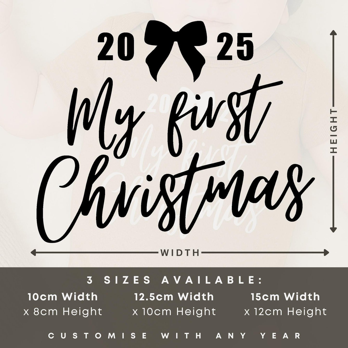 Custom My First Christmas Iron On Transfer – Elegant Script with Bow | Baby Grow DIY Vinyl Decal | Personalised Year First Christmas Outfit