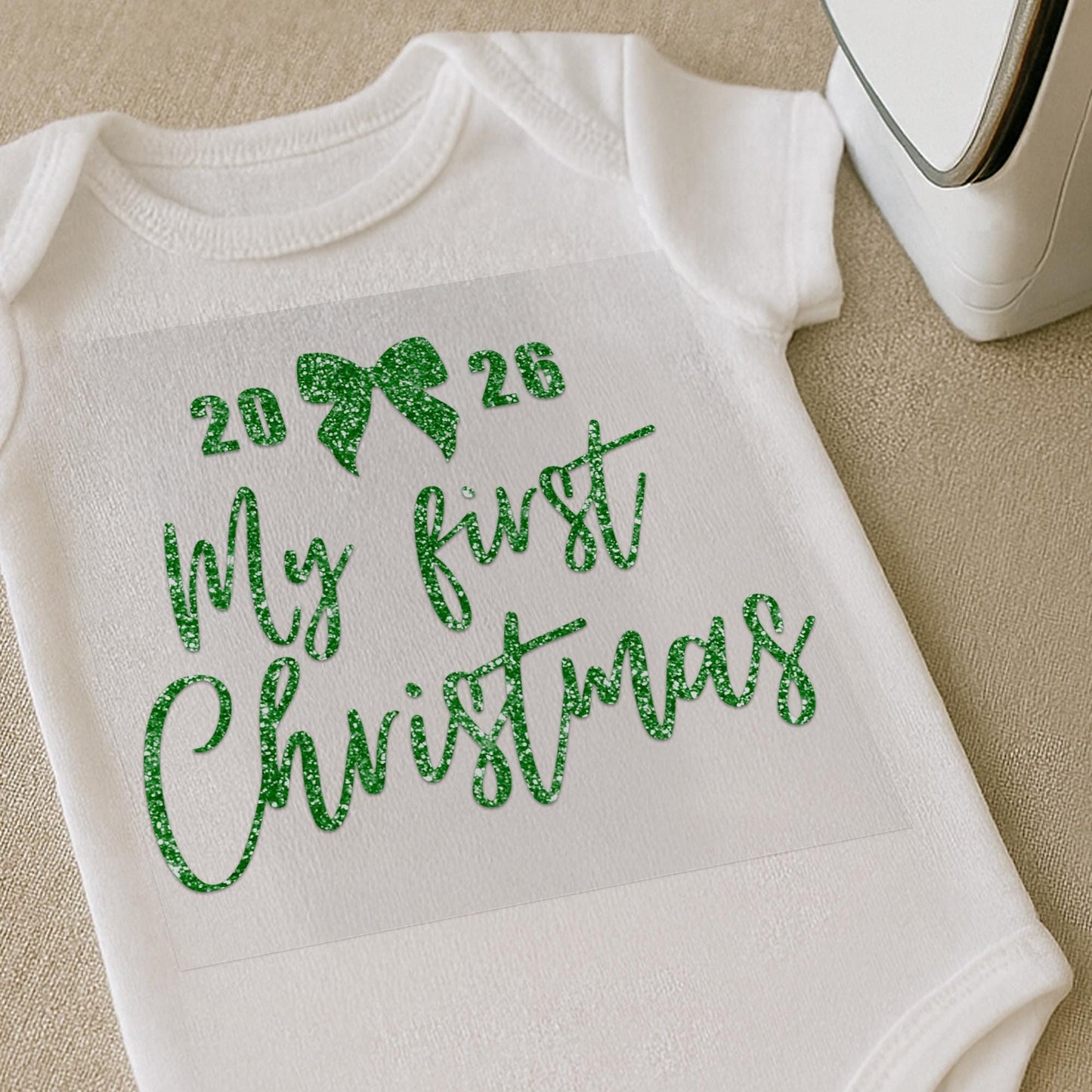 Custom My First Christmas Iron On Transfer – Elegant Script with Bow | Baby Grow DIY Vinyl Decal | Personalised Year First Christmas Outfit