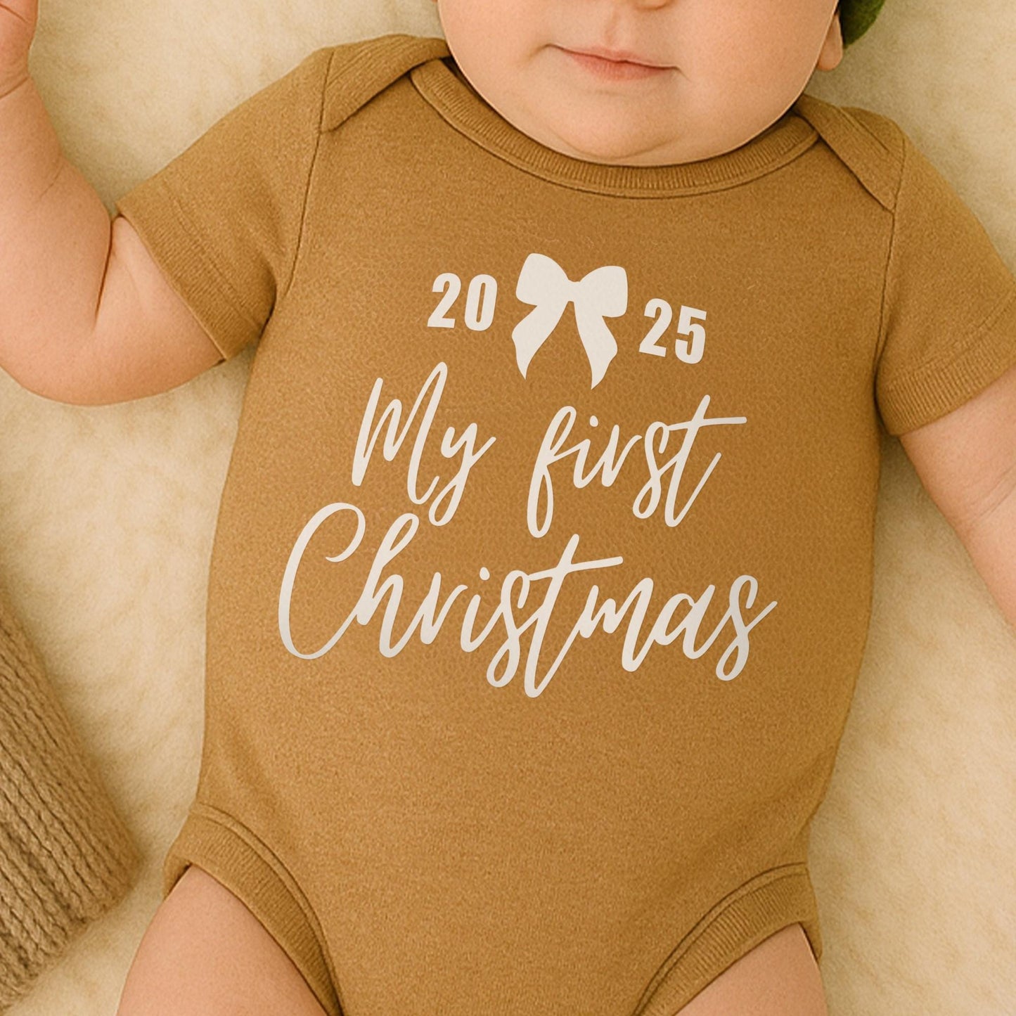 Custom My First Christmas Iron On Transfer  Elegant Script with Bow | Baby Grow DIY Vinyl Decal | Personalised Year First Christmas Outfit