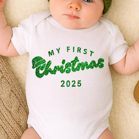 Personalised My First Christmas Iron On Transfer  Retro Script & Santa Hat | Baby Grow DIY Vinyl Decal | Custom Year First Christmas Outfit