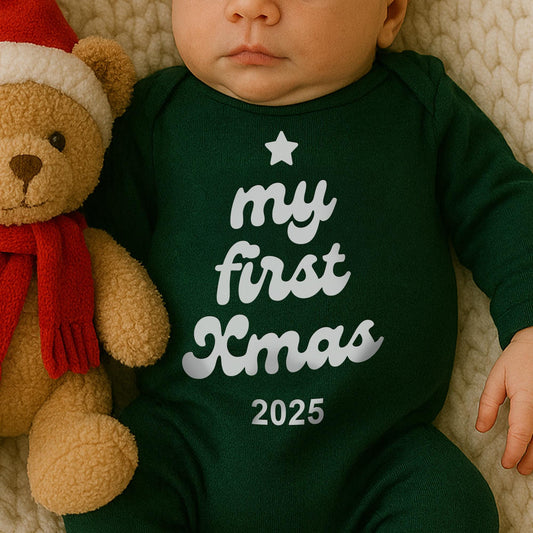 Custom My First Xmas Iron On Transfer  Christmas Tree Shape | Personalised Baby Grow Vinyl Decal | DIY Babys First Christmas Outfit