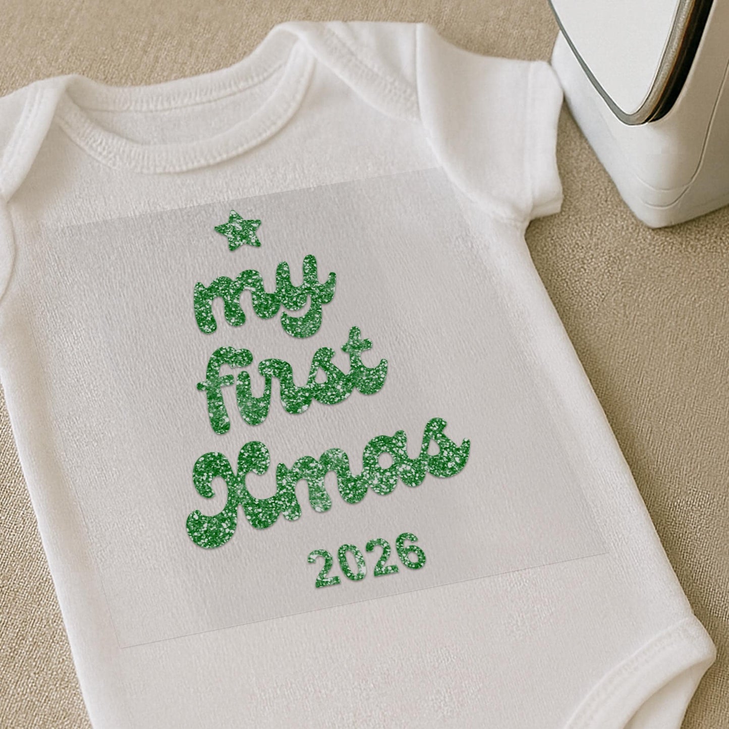 Custom My First Xmas Iron On Transfer  Christmas Tree Shape | Personalised Baby Grow Vinyl Decal | DIY Babys First Christmas Outfit