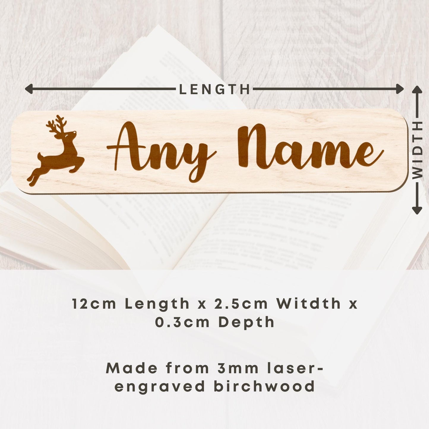 Personalised Bookmark - Reindeer Jumping: Custom Name Wooden Christmas Book Lover Gift   Present for Readers, Stocking Filler, Secret Santa