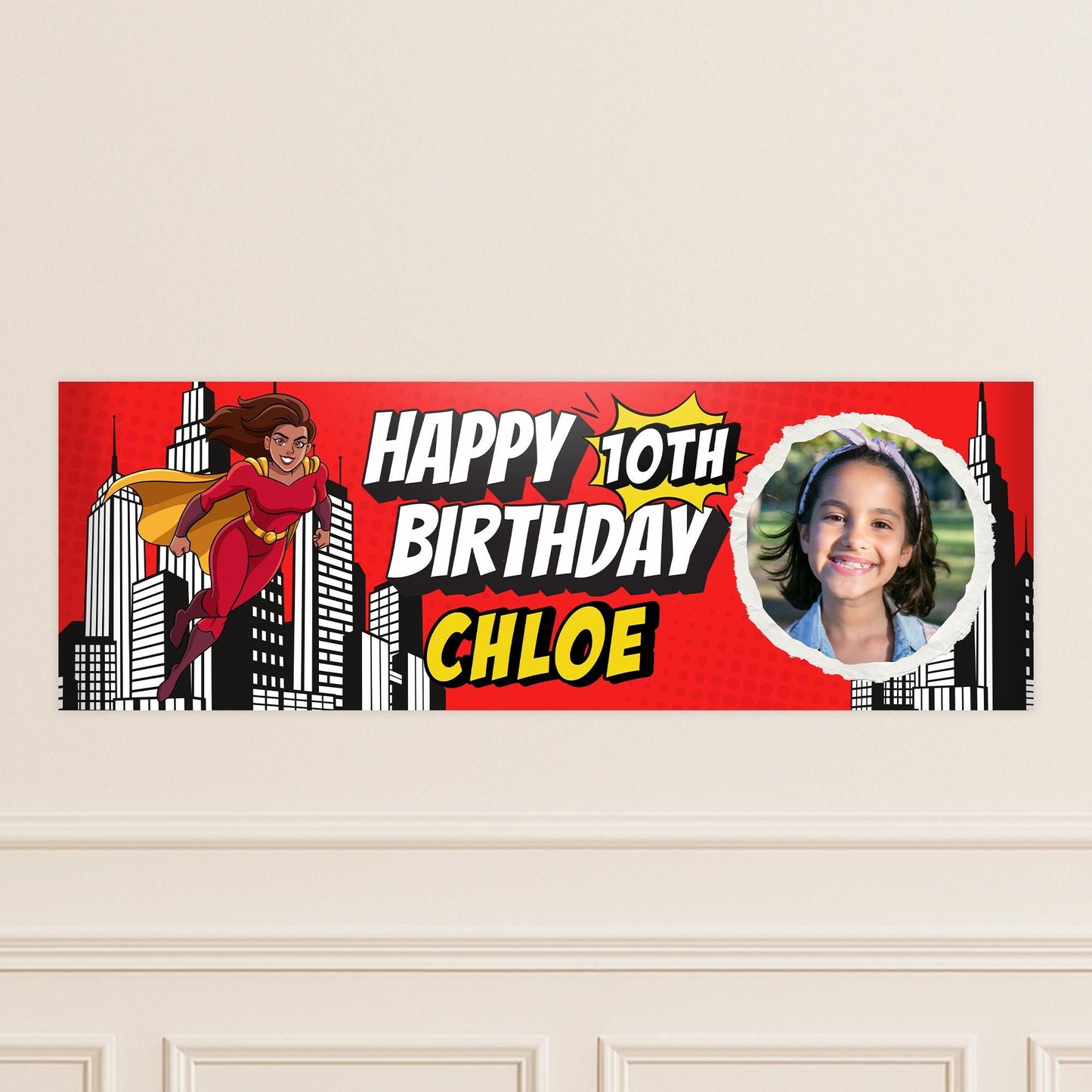Personalised Superhero Birthday Banner with Photo  Custom Party Decoration, Comic Style Girl Superhero Birthday Banner for Kids