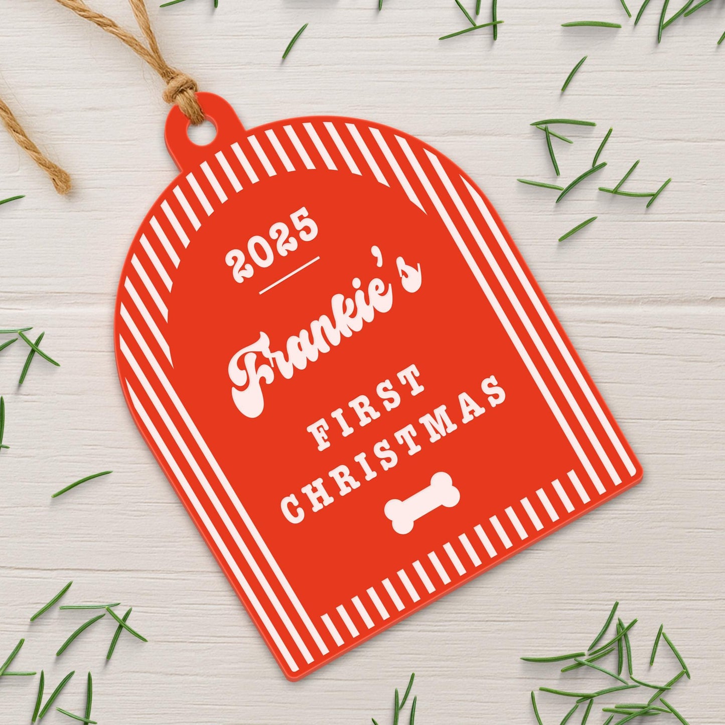 Personalised Dog First Christmas Bauble  Striped Arch & Bone: Custom Pet Ornament with Name and Year | Puppys First Xmas Keepsake Gift