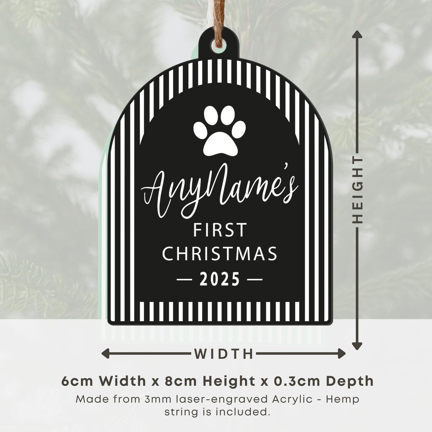 Personalised Pet First Christmas Bauble  Striped Arch & Paw: Custom Pet Ornament with Name and Year | Cat or Dog's First Xmas Keepsake Gift