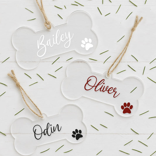 Personalised Clear Dog Bone Christmas Bauble  Custom Pet Ornament with Name & Paw print | Puppys First Christmas Gift | Dog Keepsake