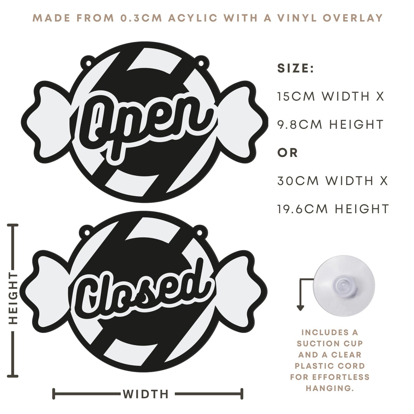 Shop Open & Closed Sign for Sweet Shop  01: Hanging Door Sign with Suction Cup, Custom Brand Colour Plaque, Sweet Shop Window Display