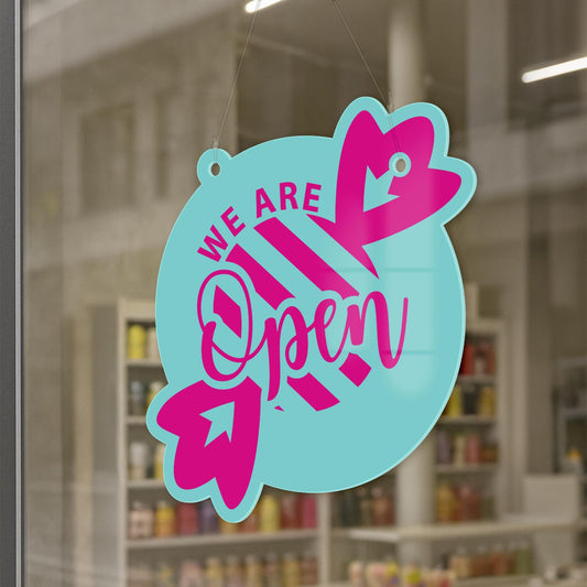 Sweet Shop Open & Closed Sign  02: Hanging Door Sign with Suction Cup, Custom Brand Colour Plaque, Sweet Store or Boutique Window Display