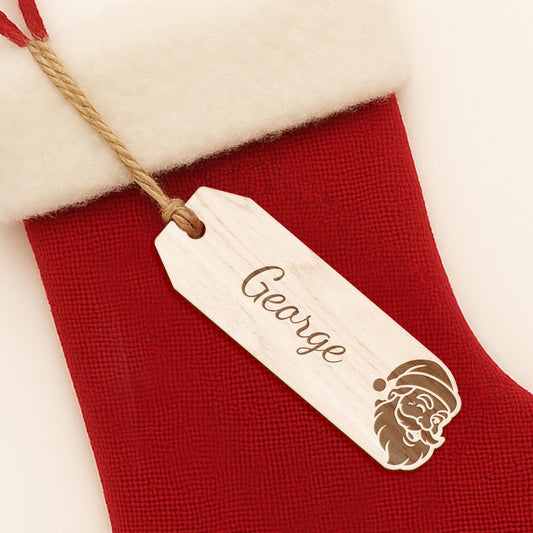 Personalised Christmas Tag  Santa: Custom Name Gift Tag , Wooden Label for Stockings, Presents, Hampers & Tree Decorations  Reusable Tag