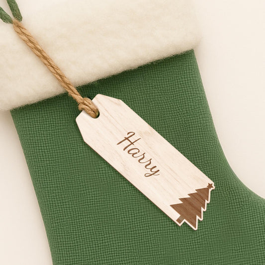 Personalised Christmas Tree Wooden Tag  Custom Name Gift Tag, Reusable Name Label for Stockings, Presents, Hampers & Tree Decorations