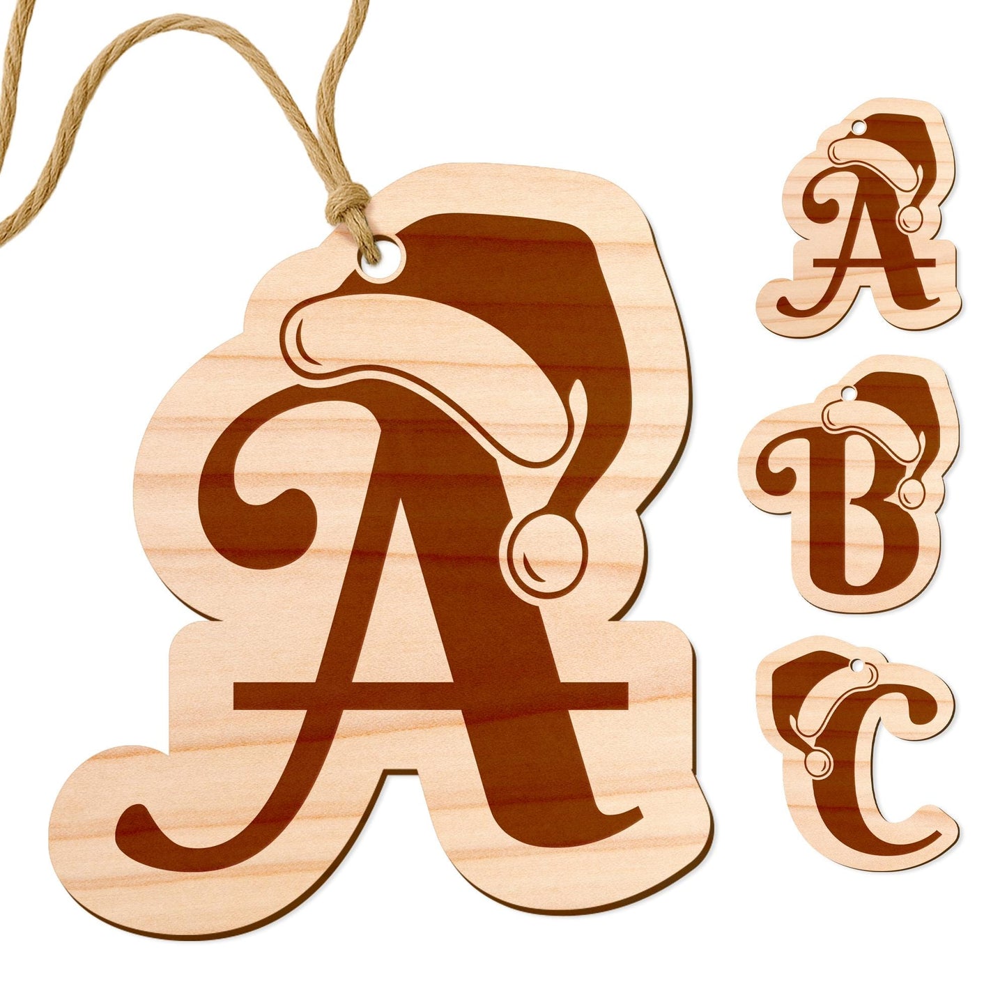 Personalised Wooden Christmas Initial Bauble with Santa Hat  Rustic Wood Letter Decoration for Tree, Gifts & Stockings
