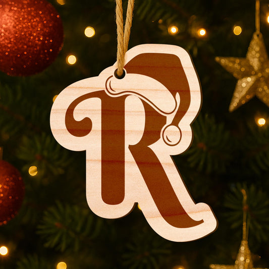 Personalised Wooden Christmas Initial Bauble with Santa Hat  Rustic Wood Letter Decoration for Tree, Gifts & Stockings
