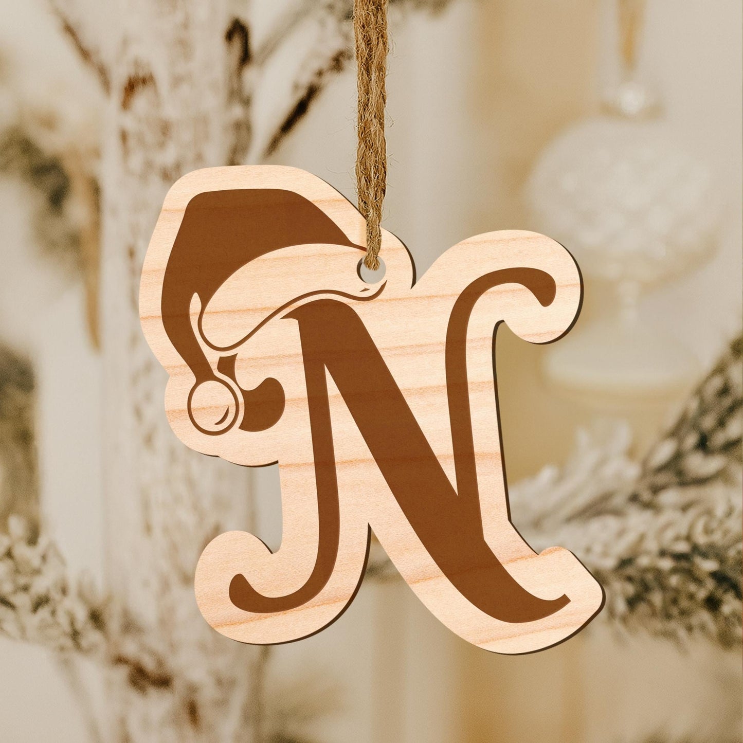 Personalised Wooden Christmas Initial Bauble with Santa Hat  Rustic Wood Letter Decoration for Tree, Gifts & Stockings
