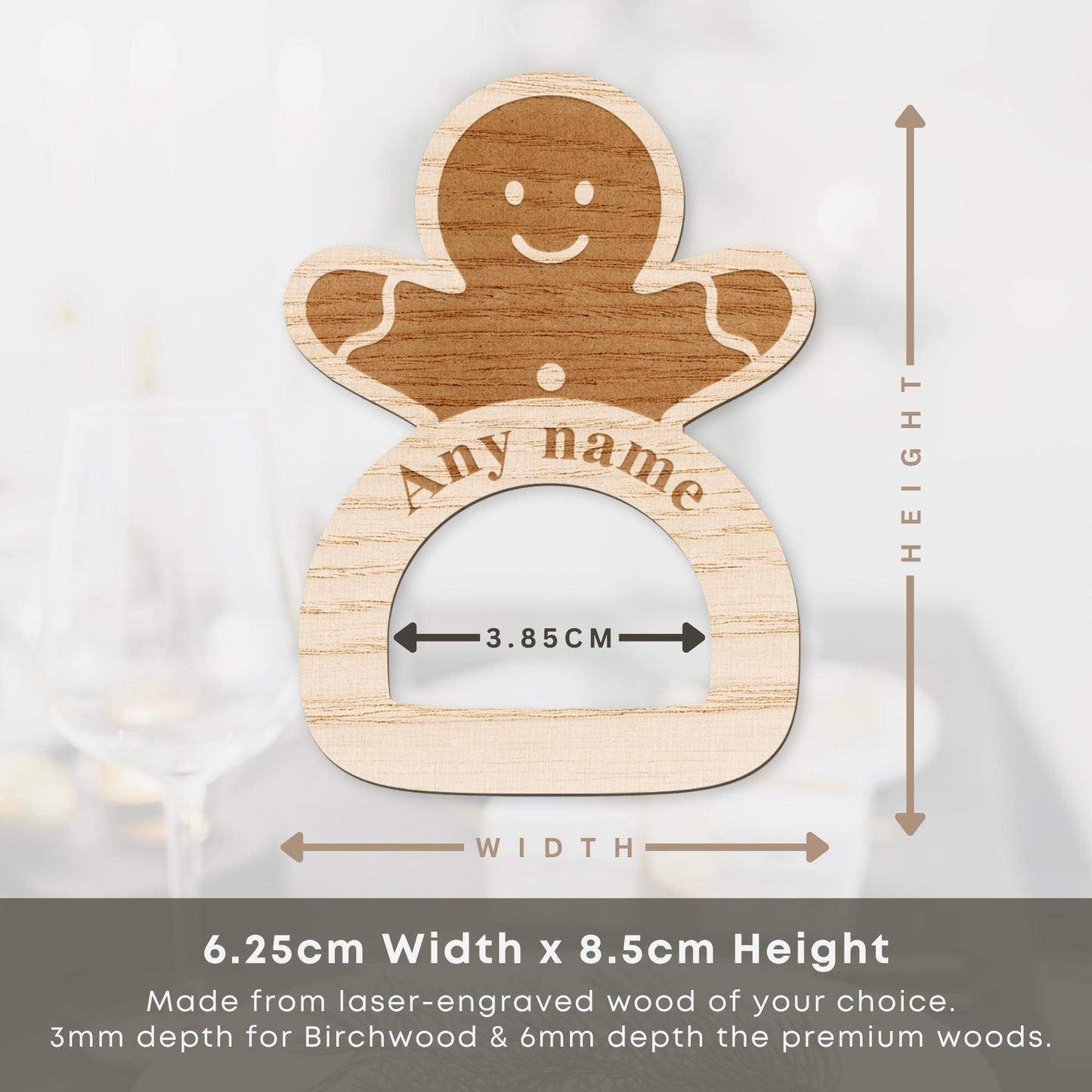 Personalised Wooden Gingerbread Napkin Ring: Custom Engraved Name Place Setting, Christmas Table Decoration, Festive Decor for Family Dinner