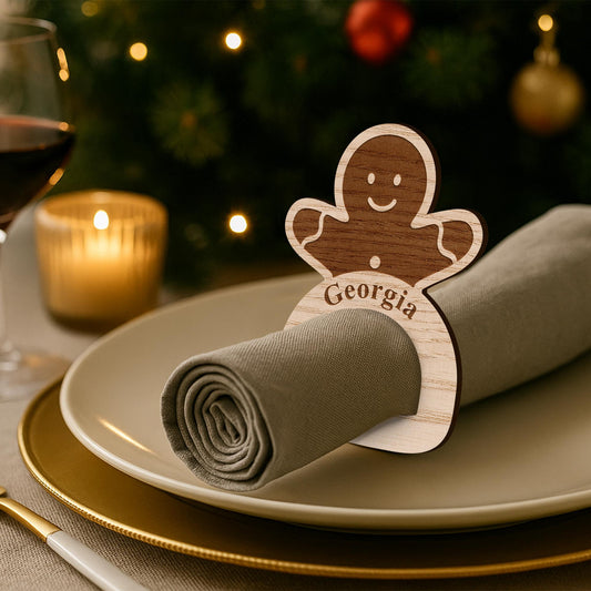 Personalised Wooden Gingerbread Napkin Ring: Custom Engraved Name Place Setting, Christmas Table Decoration, Festive Decor for Family Dinner