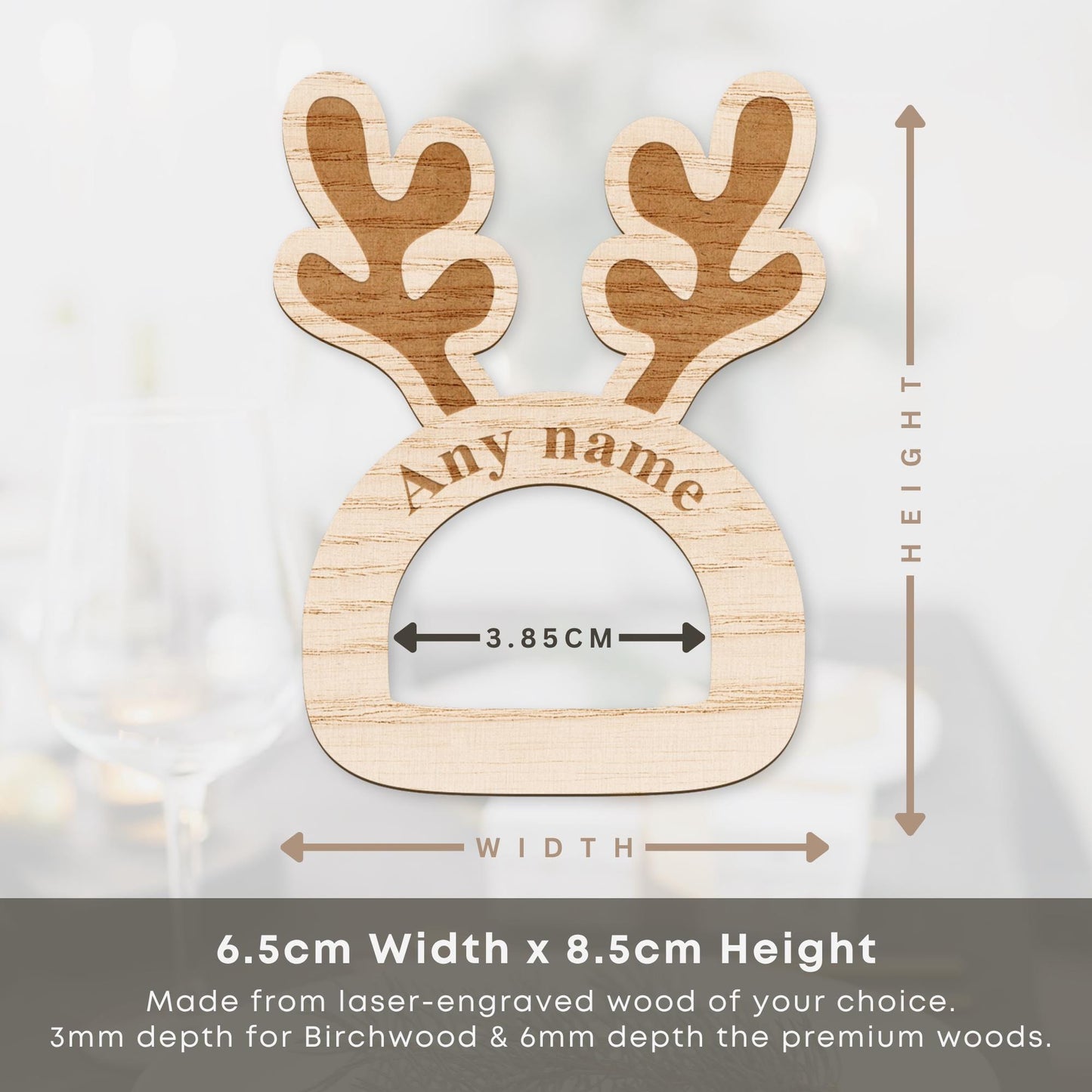 Personalised Wooden Reindeer Antler Napkin Ring  Engraved Name Place Setting, Rustic Christmas Table Decoration, Festive Wooden Tableware