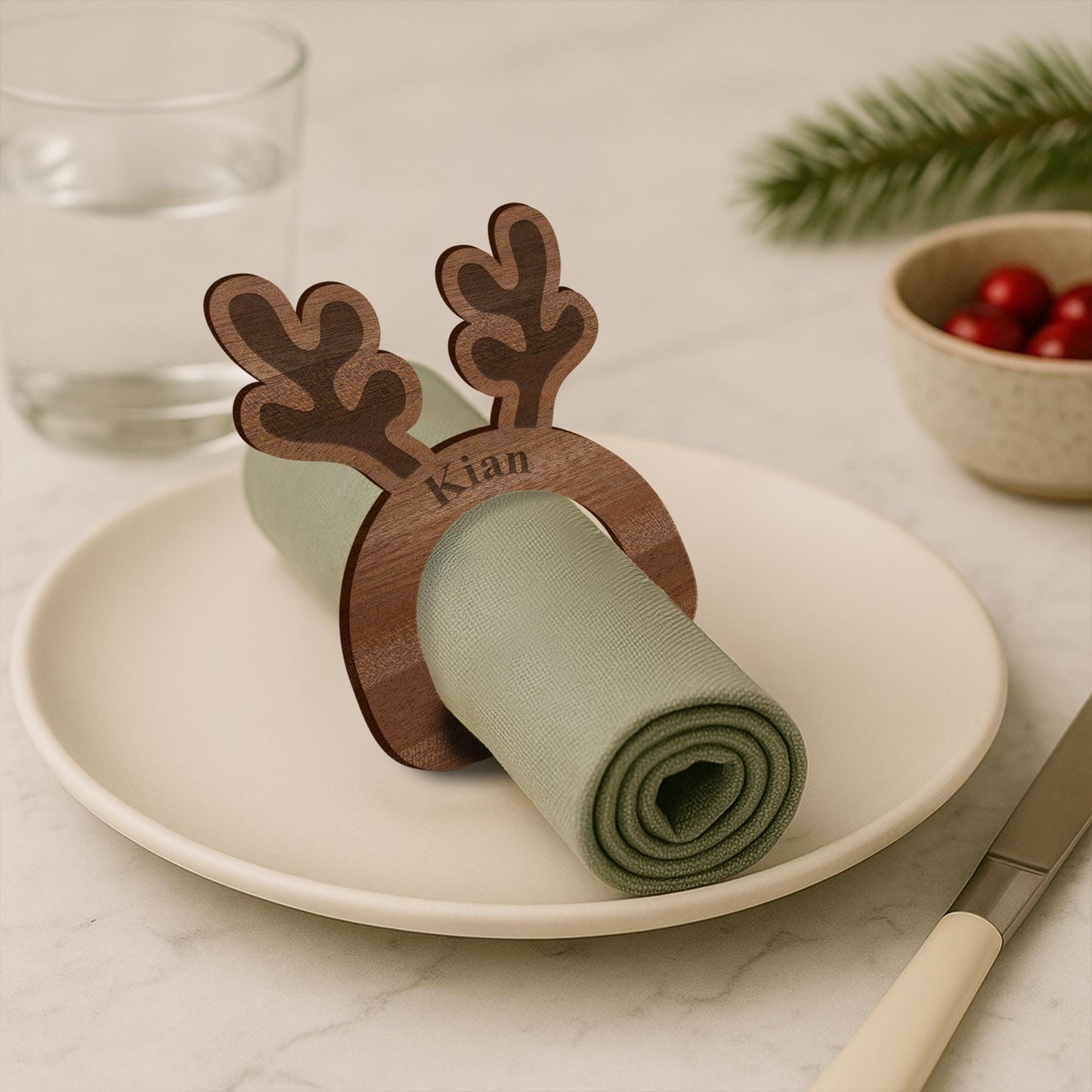 Personalised Wooden Reindeer Antler Napkin Ring  Engraved Name Place Setting, Rustic Christmas Table Decoration, Festive Wooden Tableware