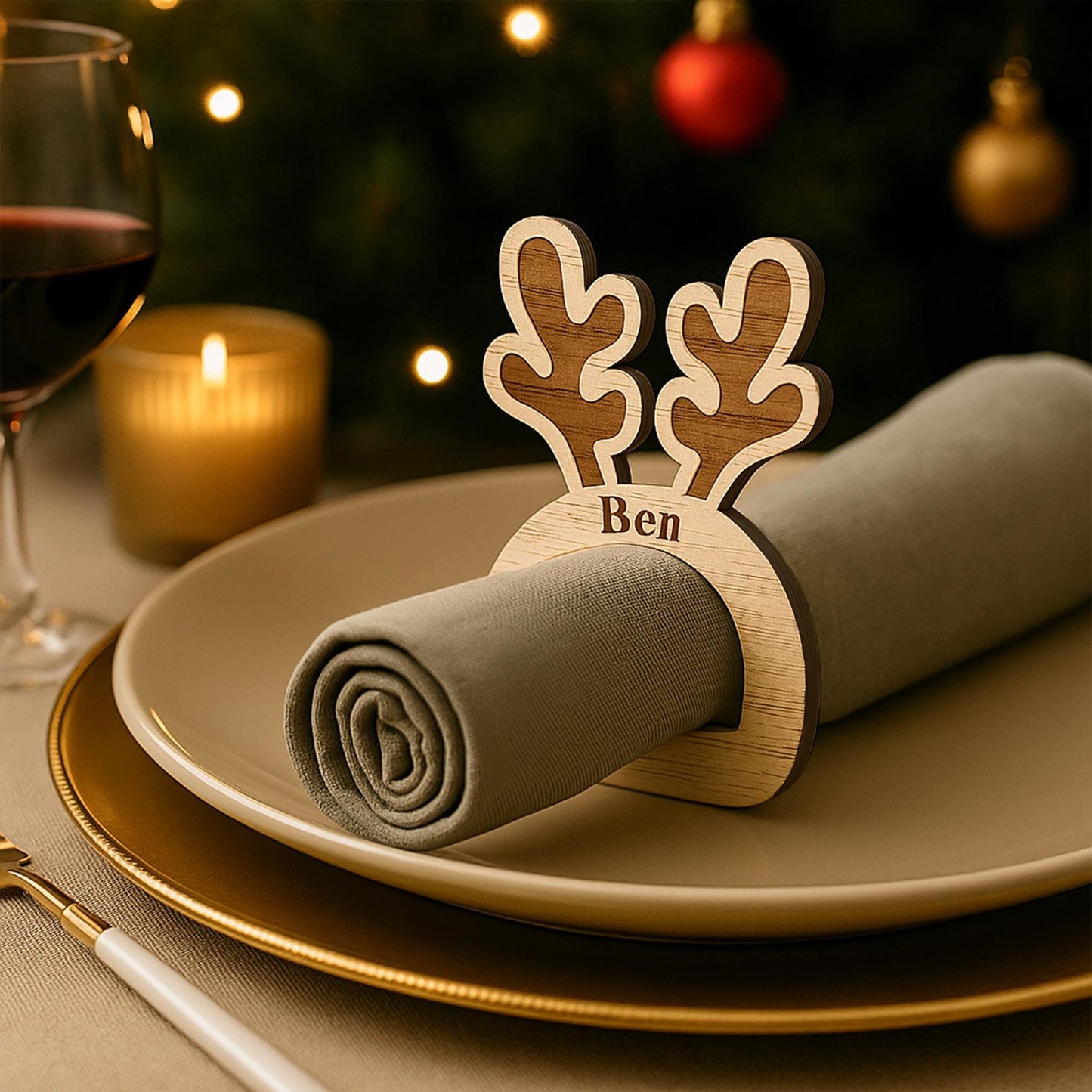 Personalised Wooden Reindeer Antler Napkin Ring  Engraved Name Place Setting, Rustic Christmas Table Decoration, Festive Wooden Tableware