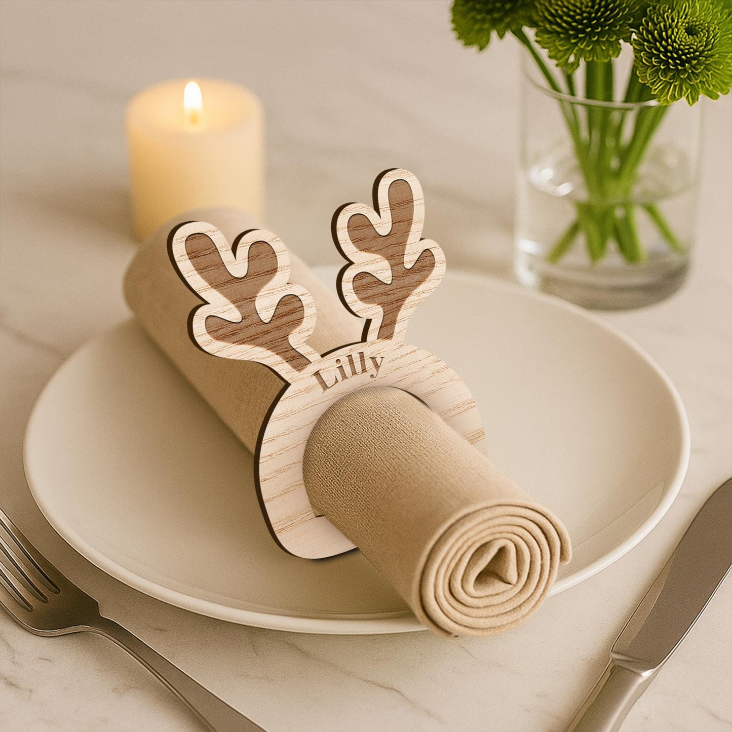 Personalised Wooden Reindeer Antler Napkin Ring  Engraved Name Place Setting, Rustic Christmas Table Decoration, Festive Wooden Tableware