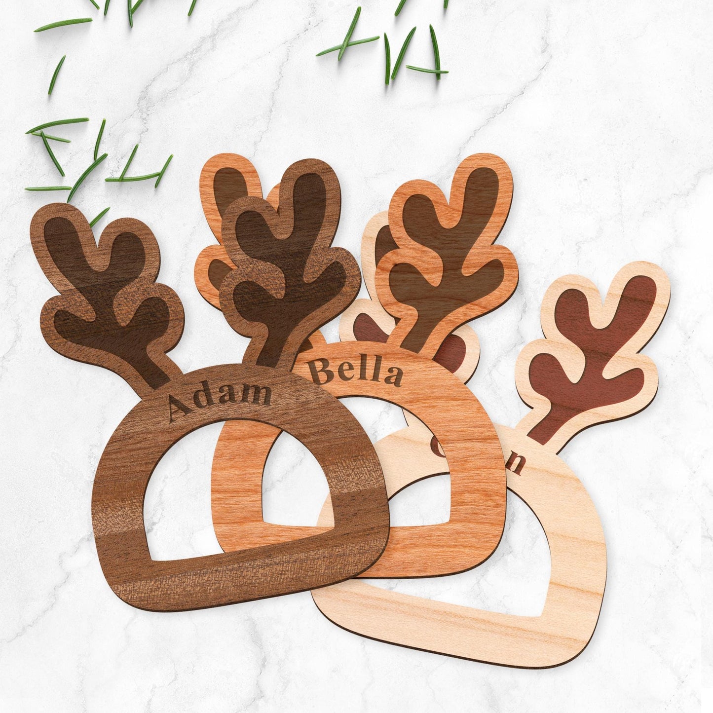 Personalised Wooden Reindeer Antler Napkin Ring  Engraved Name Place Setting, Rustic Christmas Table Decoration, Festive Wooden Tableware