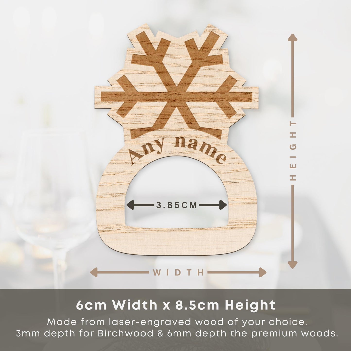 Personalised Wooden Snowflake Napkin Ring  Custom Name Engraved Place Setting, Winter or Christmas Table Decoration, Festive Tableware