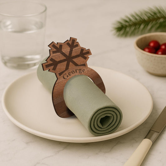 Personalised Wooden Snowflake Napkin Ring  Custom Name Engraved Place Setting, Winter or Christmas Table Decoration, Festive Tableware