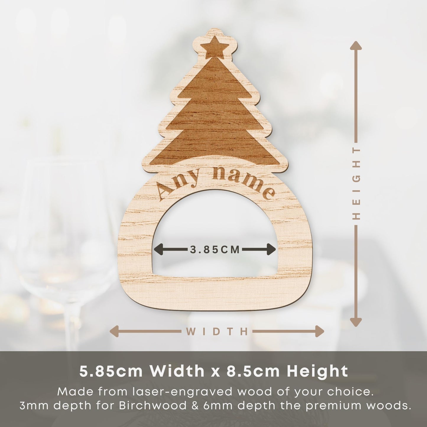 Personalised Wooden Christmas Tree Napkin Ring  Engraved Name Place Setting, Rustic Festive Table Decoration, Wooden Christmas Tableware