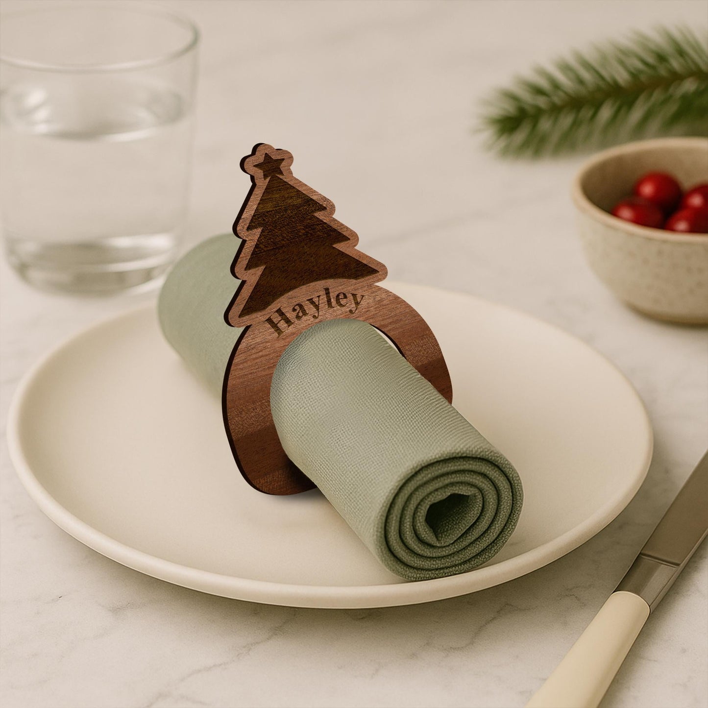 Personalised Wooden Christmas Tree Napkin Ring  Engraved Name Place Setting, Rustic Festive Table Decoration, Wooden Christmas Tableware
