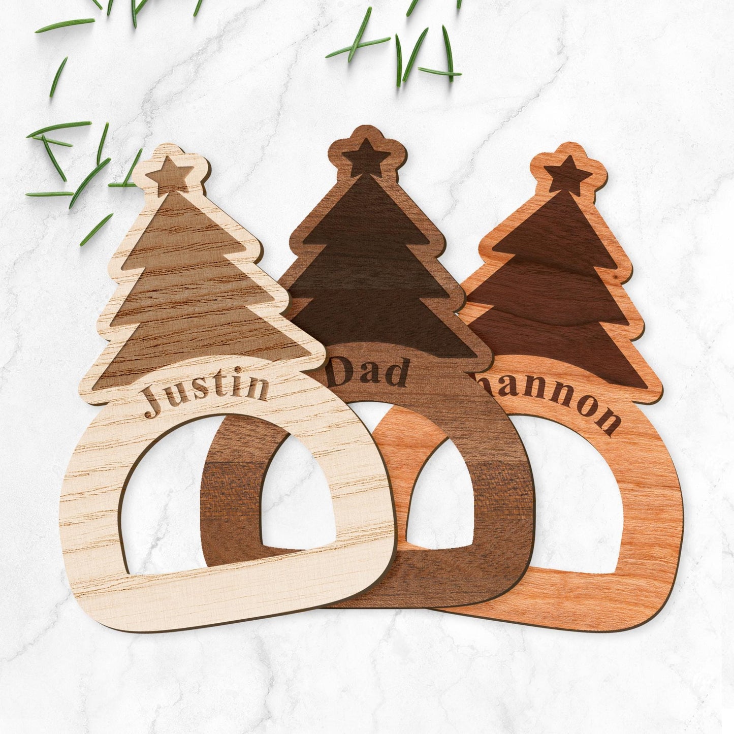 Personalised Wooden Christmas Tree Napkin Ring  Engraved Name Place Setting, Rustic Festive Table Decoration, Wooden Christmas Tableware