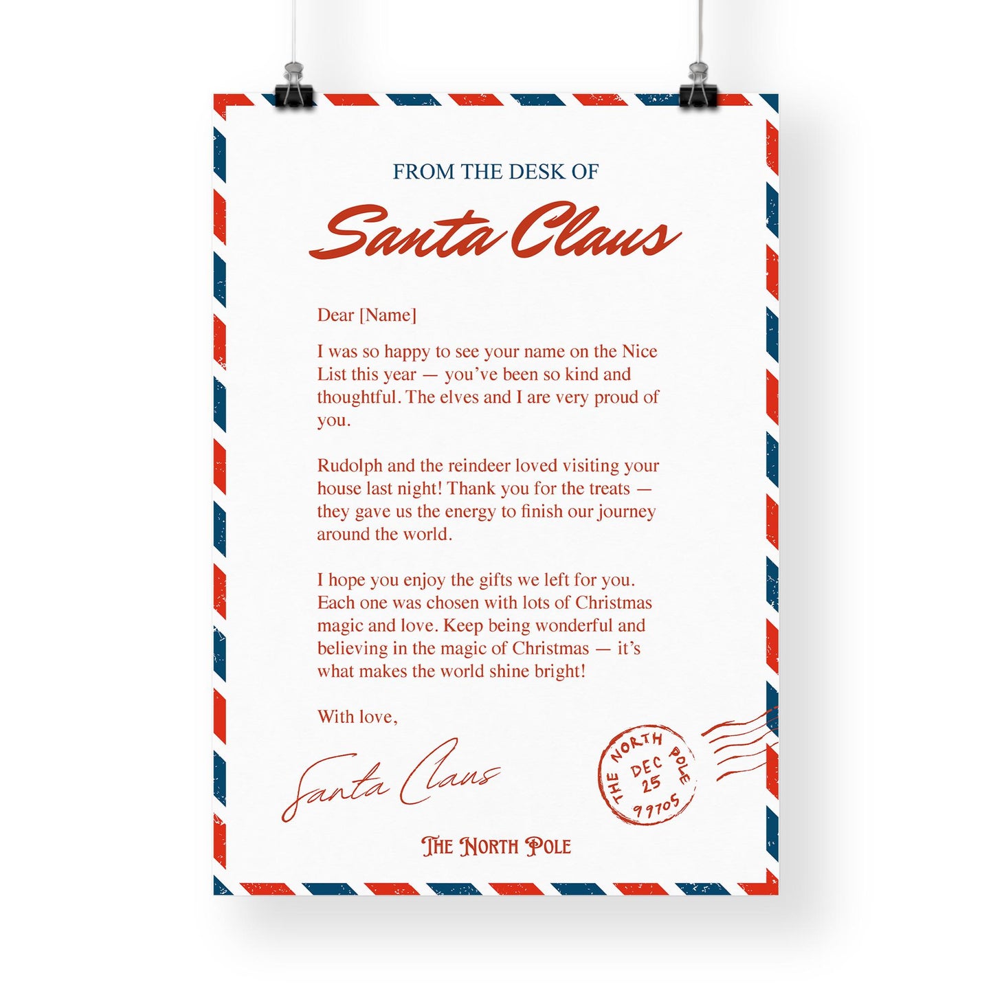Personalised Letter from Santa Claus  Santa Letter 2: Airmail Design, Custom Name Christmas Letter from The North Pole  Keepsake for Kids