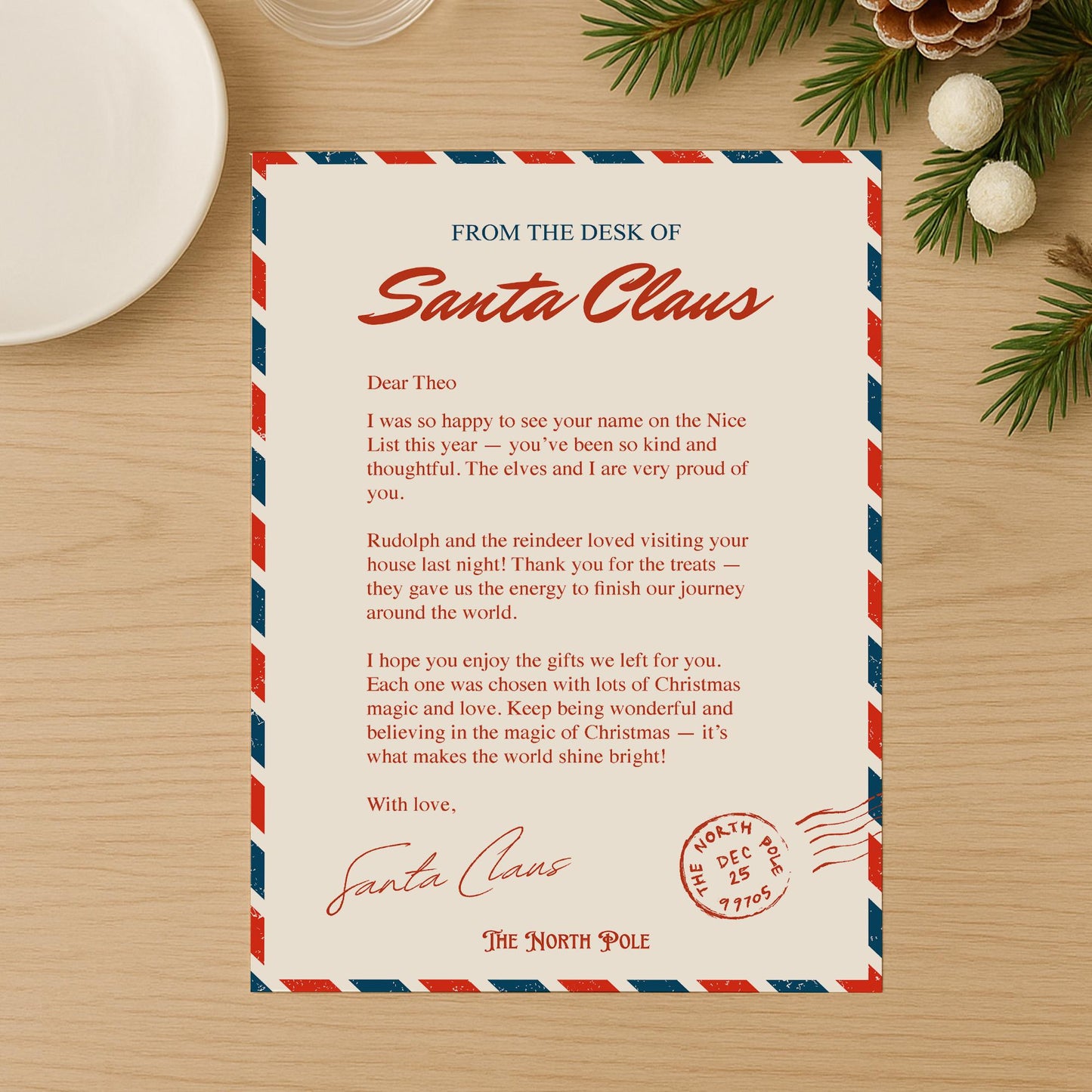 Personalised Letter from Santa Claus  Santa Letter 2: Airmail Design, Custom Name Christmas Letter from The North Pole  Keepsake for Kids