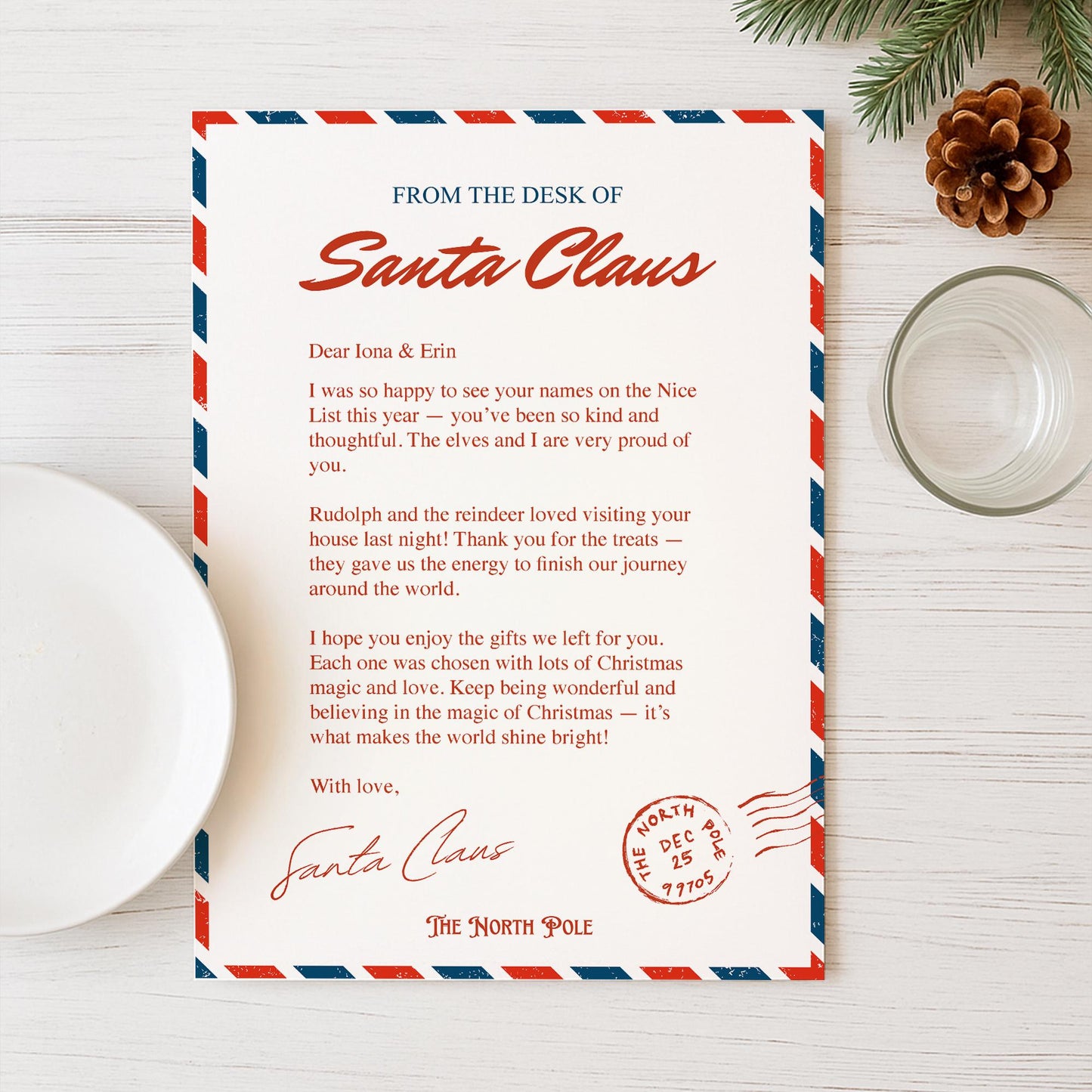 Personalised Letter from Santa Claus  Santa Letter 2: Airmail Design, Custom Name Christmas Letter from The North Pole  Keepsake for Kids