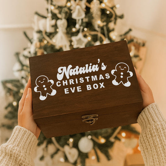 Personalised Christmas Eve Box Vinyl Sticker  Cute Gingerbread Man Design: Custom Name Vinyl Decal | Christmas Tradition Keepsake Box Label