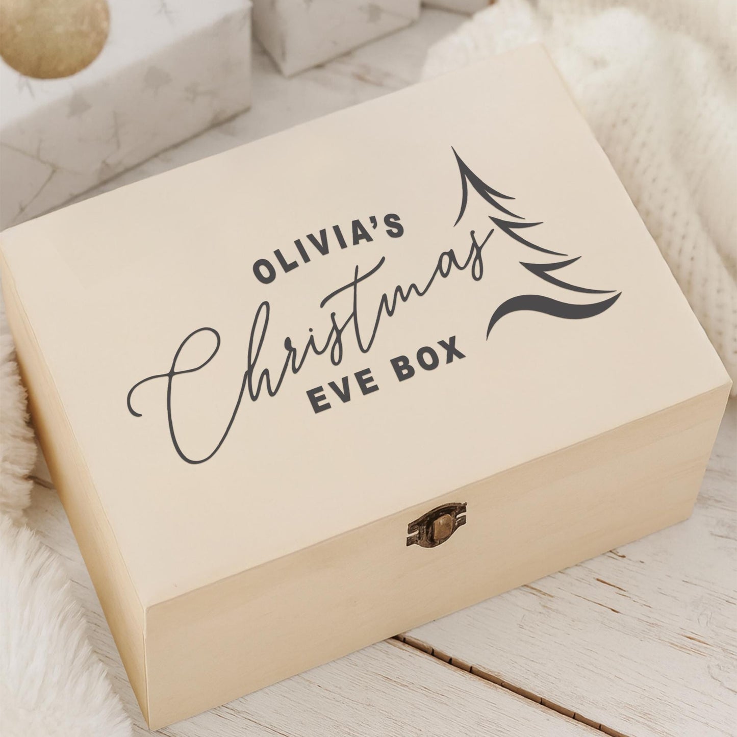 Personalised Christmas Eve Box Vinyl Sticker  Minimal Sleek Tree Design: Custom Name Vinyl Decal | Christmas Tradition Keepsake Box Label