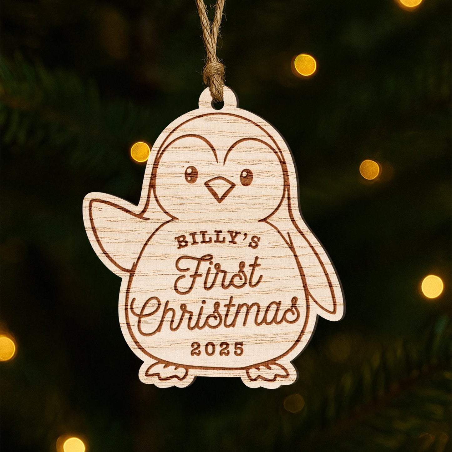 Personalised Babys First Christmas Wooden Bauble  Penguin: Custom Name & Year Ornament Keepsake | New Baby Gift | 1st Xmas Decoration